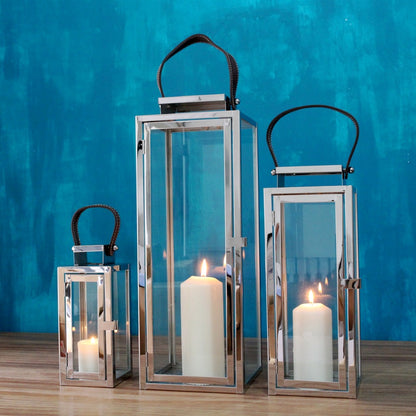 Rectangular Glass Candle Lanterns with Polished Metal Frame and Faux Leather Handle Set Acalora