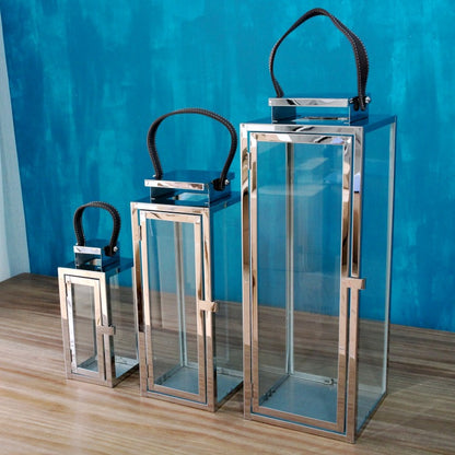 Rectangular Glass Candle Lanterns with Polished Metal Frame and Faux Leather Handle Set Acalora