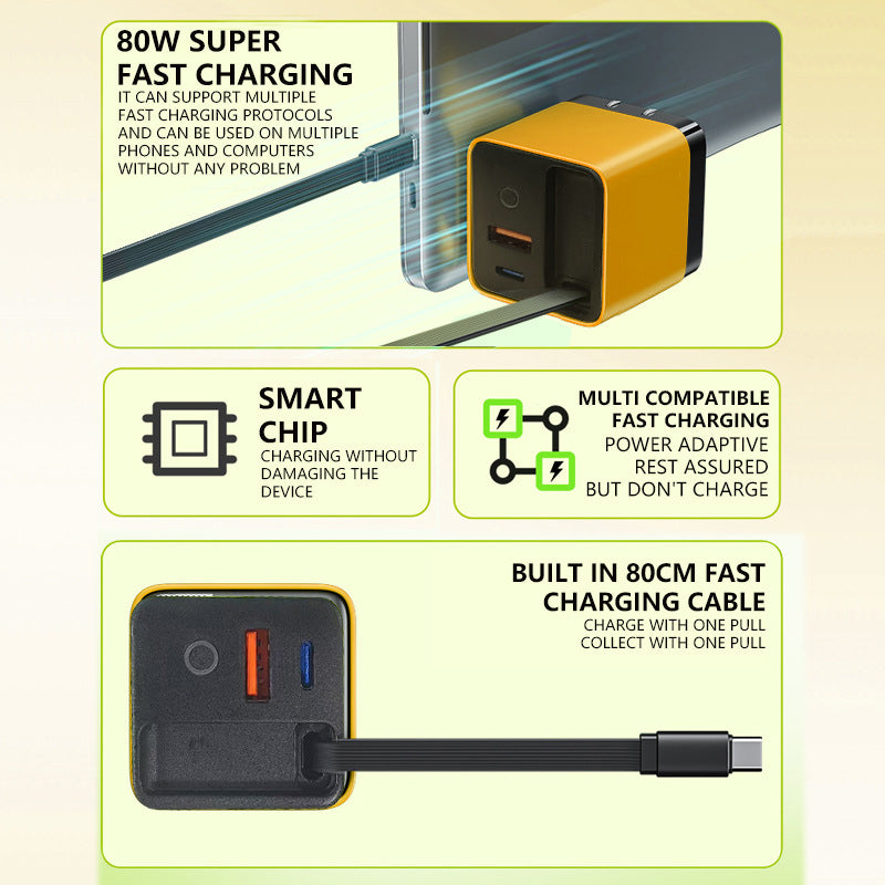 Brehn | 3 in 1 GaN Charger, scalable 80W MAX fast charging module with Type-C cable and 2 USB ports