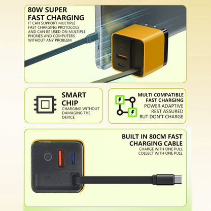 Brehn | 3 in 1 GaN Charger, scalable 80W MAX fast charging module with Type-C cable and 2 USB ports