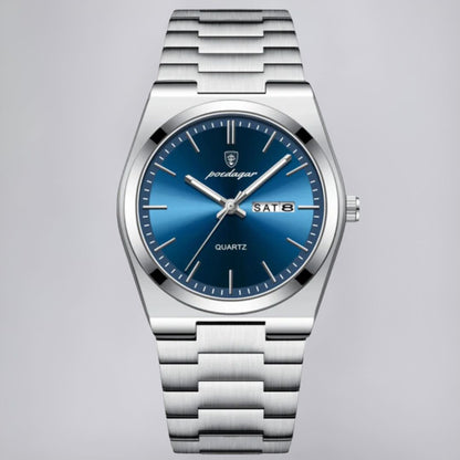 Stainless Steel Watch with Emerald Green Dial and Day-Date Display