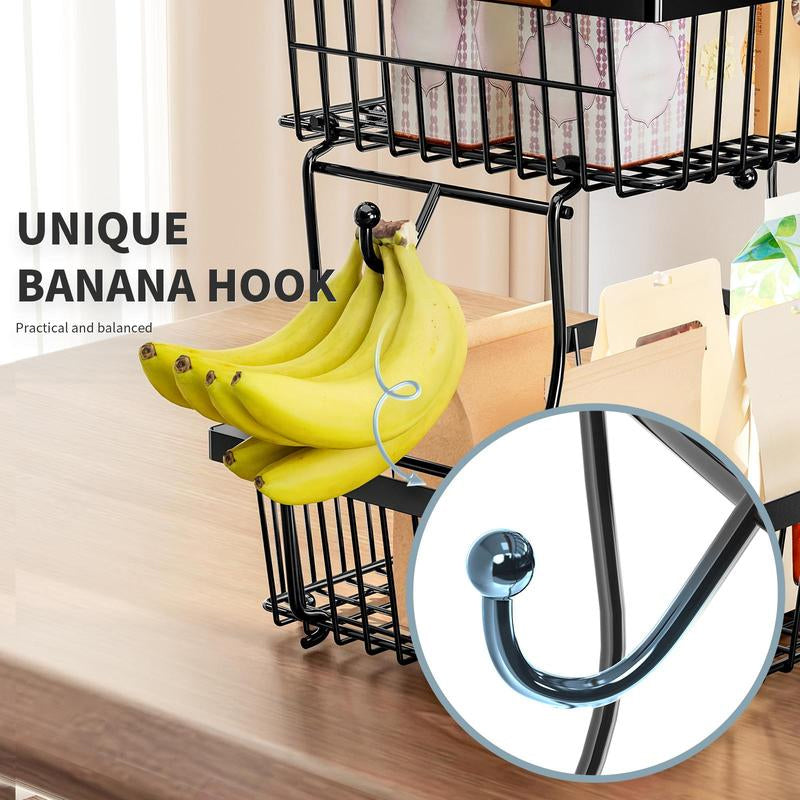 BowLift | 2-Tier Metal Fruit & Vegetable Storage Rack with Hooks
