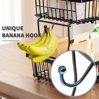 BowLift | 2-Tier Metal Fruit & Vegetable Storage Rack with Hooks