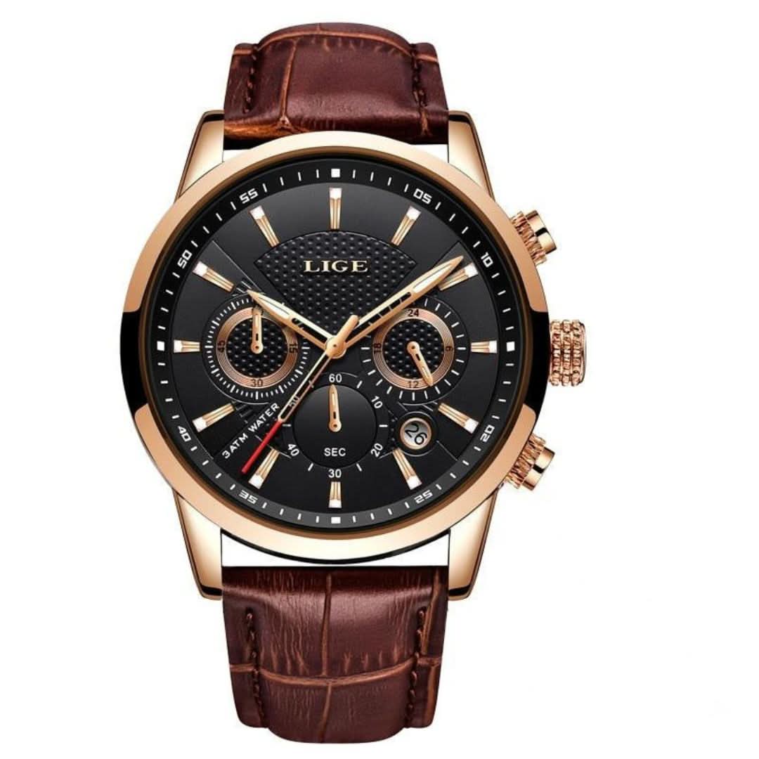 Skanto | Men's Steel Watch with Leather Strap and Date