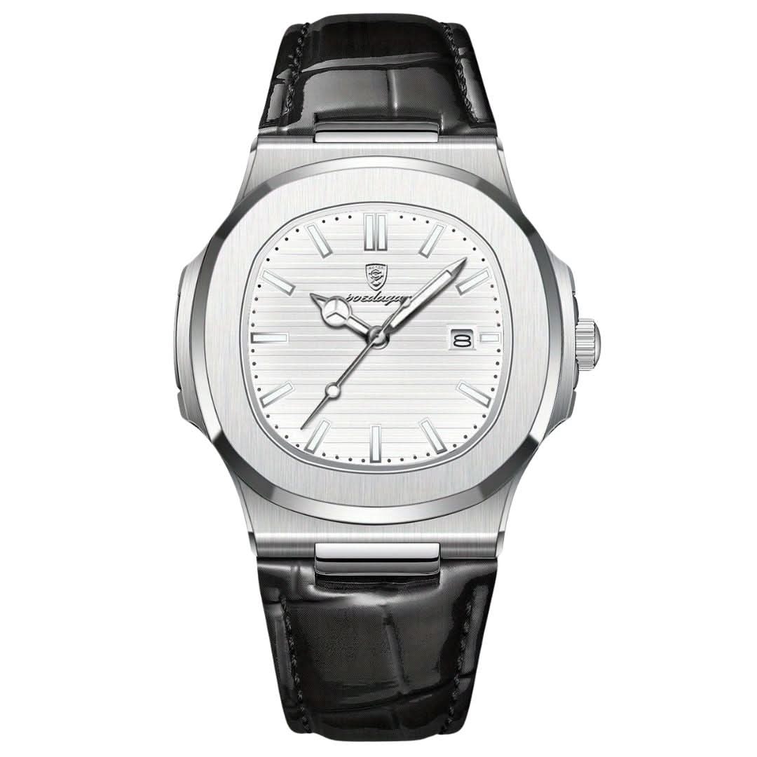 Men's stainless steel wristwatch with quartz movement and date display