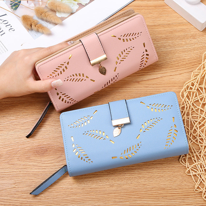 Long wallet for women with leaf pattern
