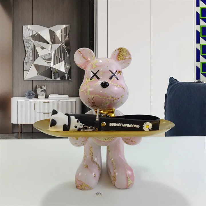 Bear Figurine with Serving Tray, Modern Decorative Figure for Living Room and Hallway