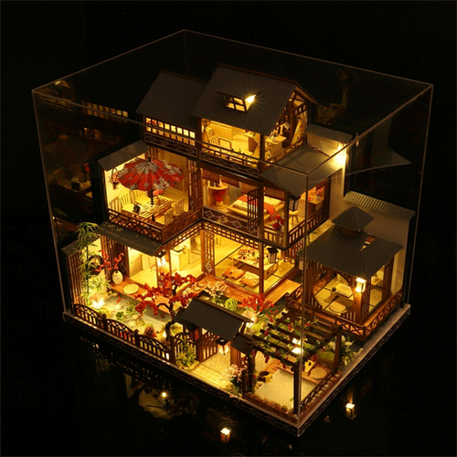 BowLift | Large Realistic Wooden Dollhouse with LED Lights | DIY Miniature Playhouse