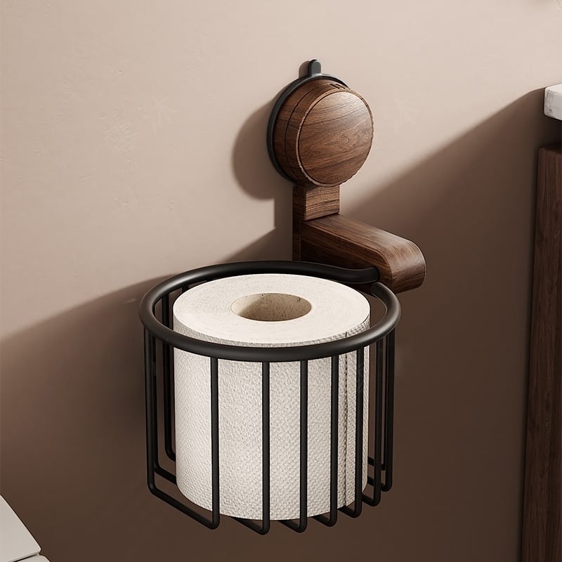 Skanto | Walnut Wood Toilet Paper Holder – Drill-Free with Suction Cup