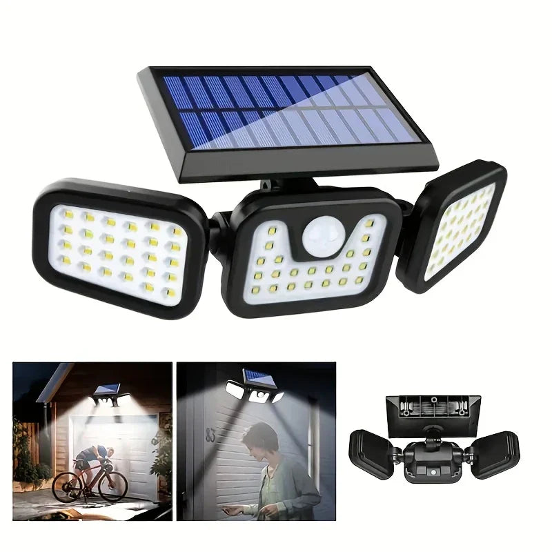 BowLift | Solar LED Floodlight with Motion Sensor – 3-Head Outdoor Security Lighting for Garden, Driveway & Garage