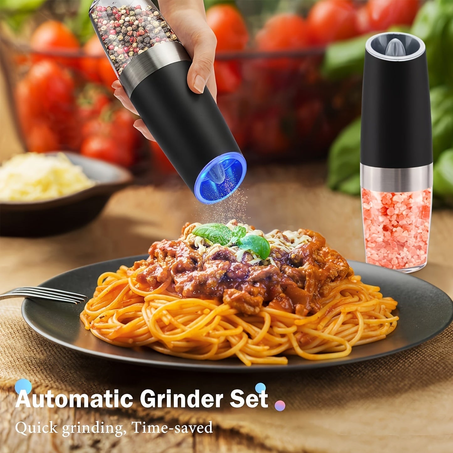 Skanto | Gravity Electric Salt and Pepper Grinder Set: Battery Operated with LED Light, One-Handed Automatic Operation, Adjustable Coarseness, Black - Kitchen Gadget Gift Idea