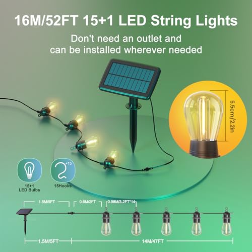 15.8 m long outdoor solar string lights with remote control, warm white