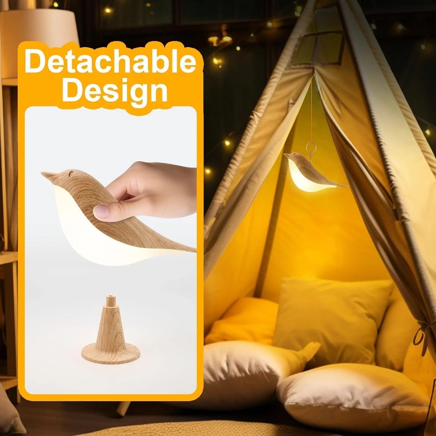 Skanto | Touch-Controlled Wooden Bird Night Light - Rechargeable LED Bedside Lamp