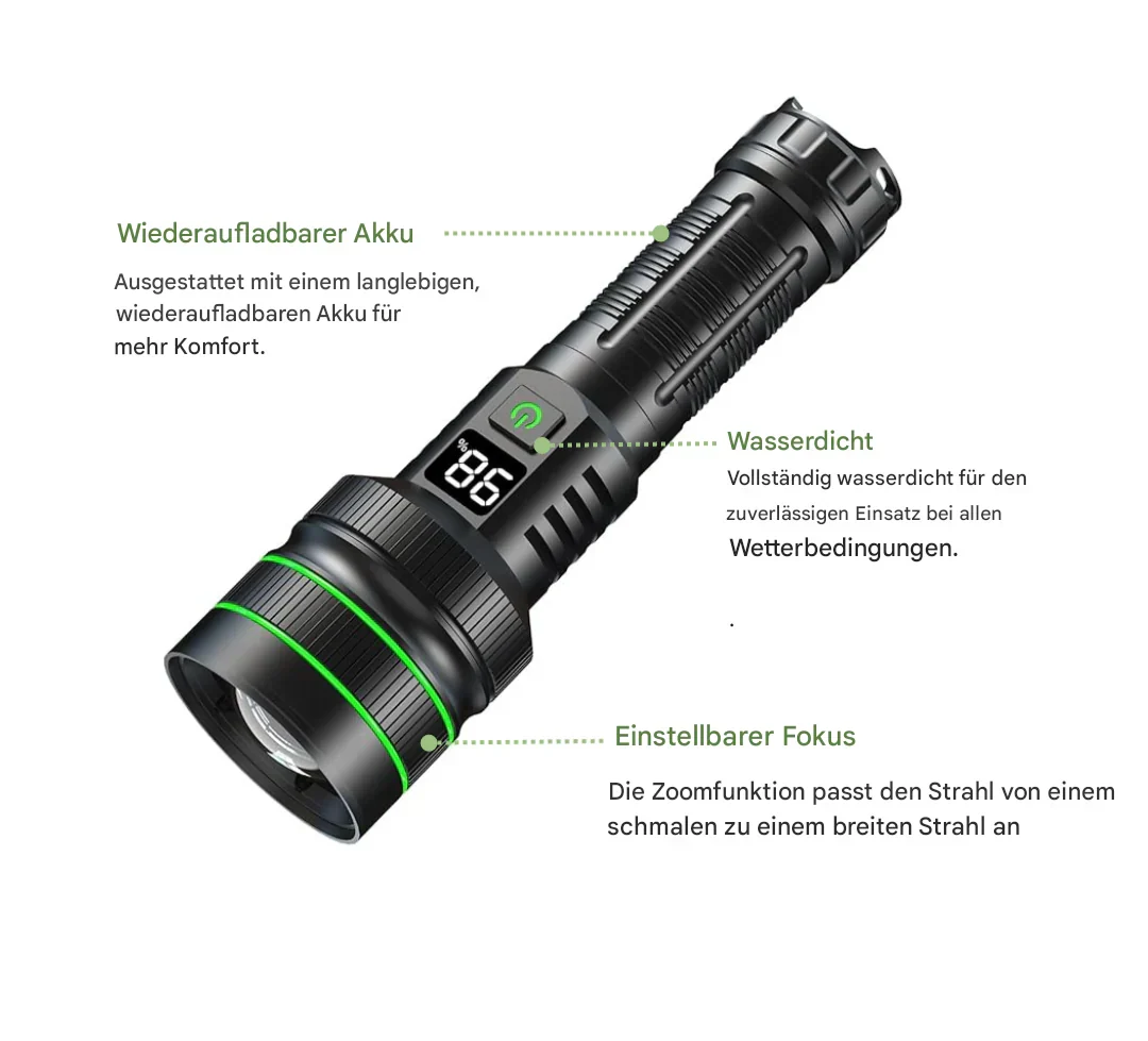 Skanto | Extremely Bright and Zoomable LED Flashlight with Power Bank Function for Outdoor Adventures
