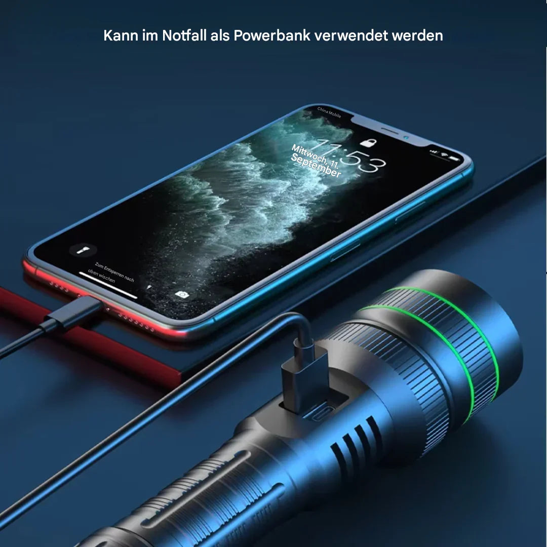 Skanto | Extremely Bright and Zoomable LED Flashlight with Power Bank Function for Outdoor Adventures