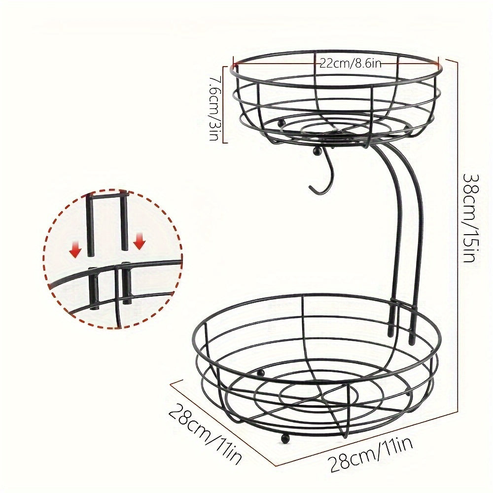 Skanto | 2-Tier Oval Fruit Basket with Banana Hanger – Metal Kitchen Organizer