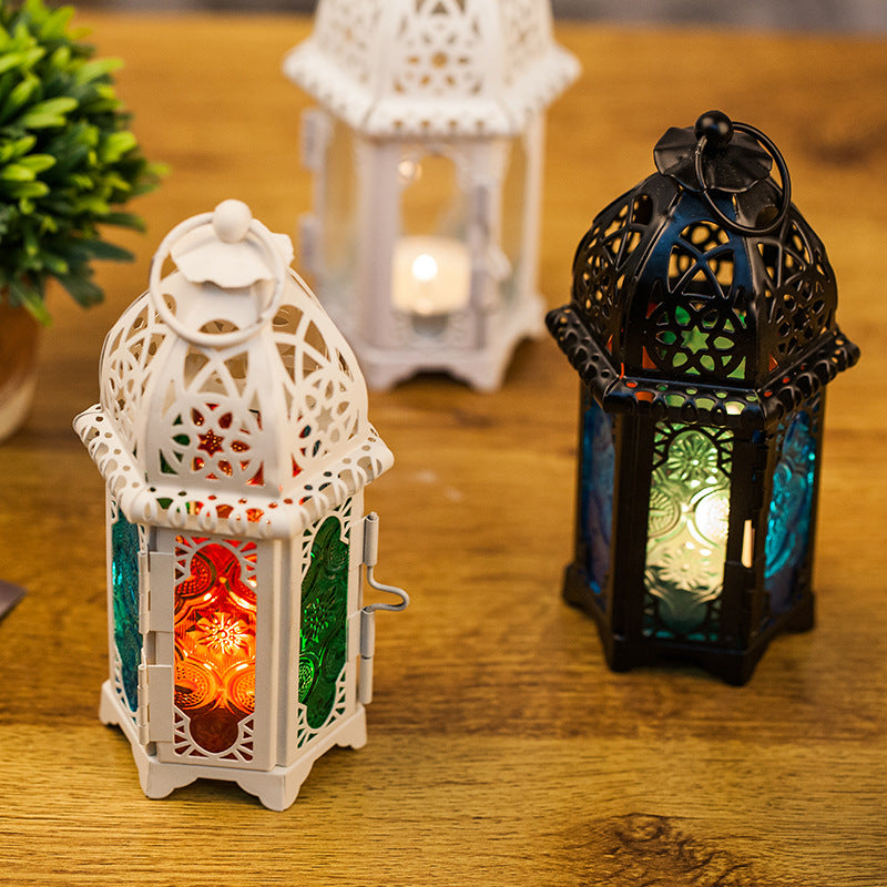 Moroccan-Style Metal and Glass Decorative Hanging Lantern with Intricate Filigree Acalora