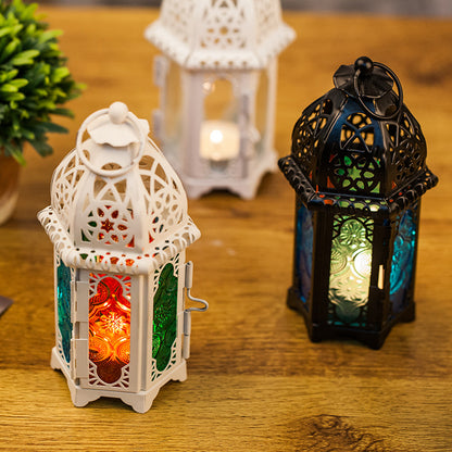 Moroccan-Style Metal and Glass Decorative Hanging Lantern with Intricate Filigree Acalora
