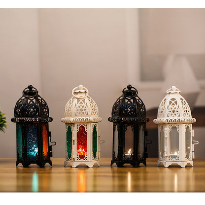 Ornate Moroccan Stained-Glass Metal Tealight Lantern Acalora