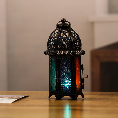 Ornate Moroccan Stained-Glass Metal Tealight Lantern Acalora