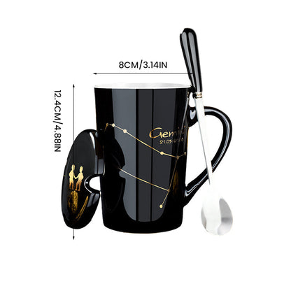 BowLift | 12 Zodiac Signs Black Ceramic Mug with Lid Spoon
