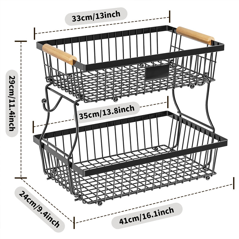 BowLift | 2-Tier Metal Fruit & Vegetable Storage Rack with Hooks
