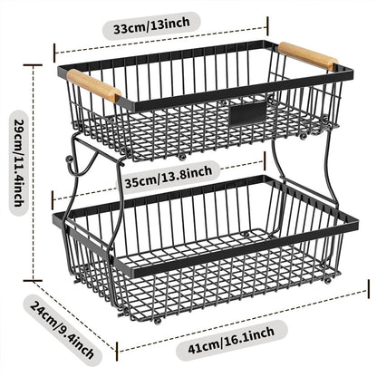 BowLift | 2-Tier Metal Fruit & Vegetable Storage Rack with Hooks