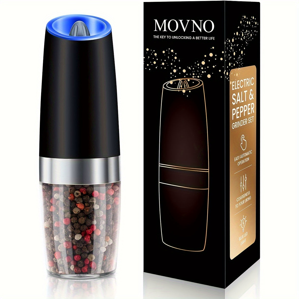 Skanto | Gravity Electric Salt and Pepper Grinder Set: Battery Operated with LED Light, One-Handed Automatic Operation, Adjustable Coarseness, Black - Kitchen Gadget Gift Idea