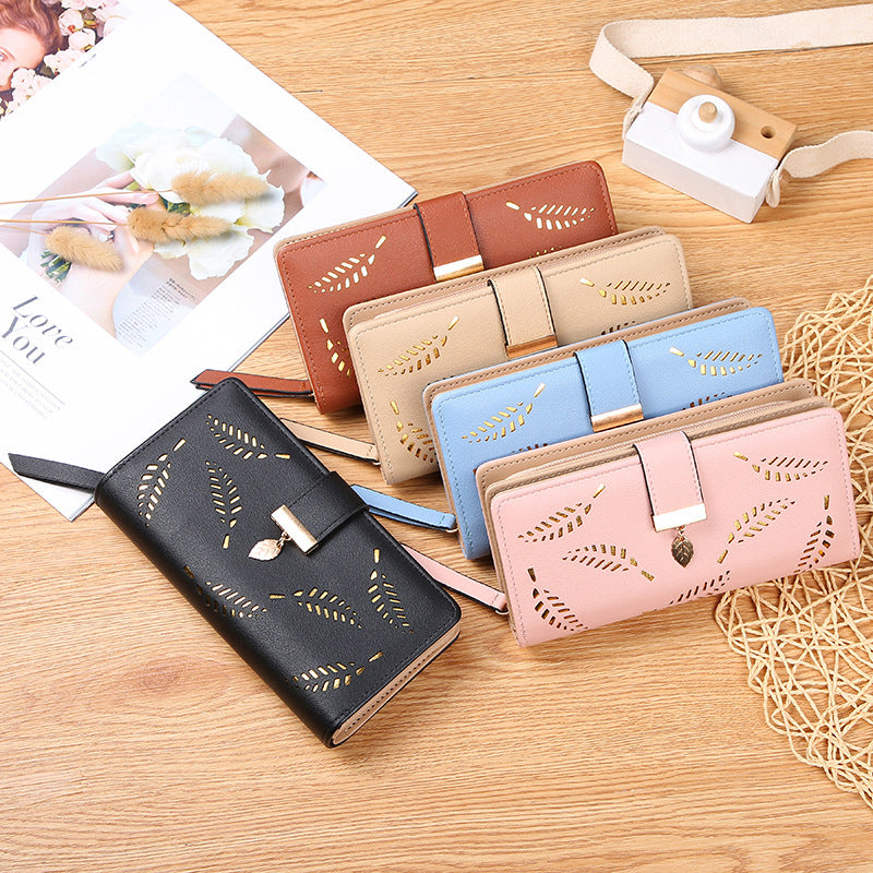 Long wallet for women with leaf pattern