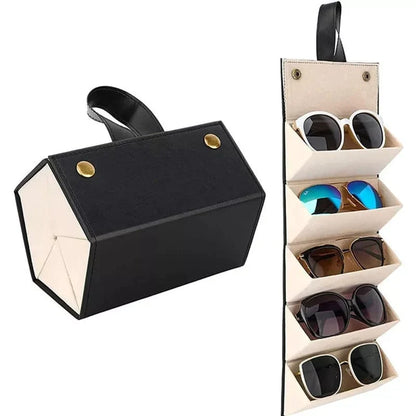5-Slot Travel Foldable Sunglasses Organizer- Leather Hanging Eyeglasses Case Bowlift