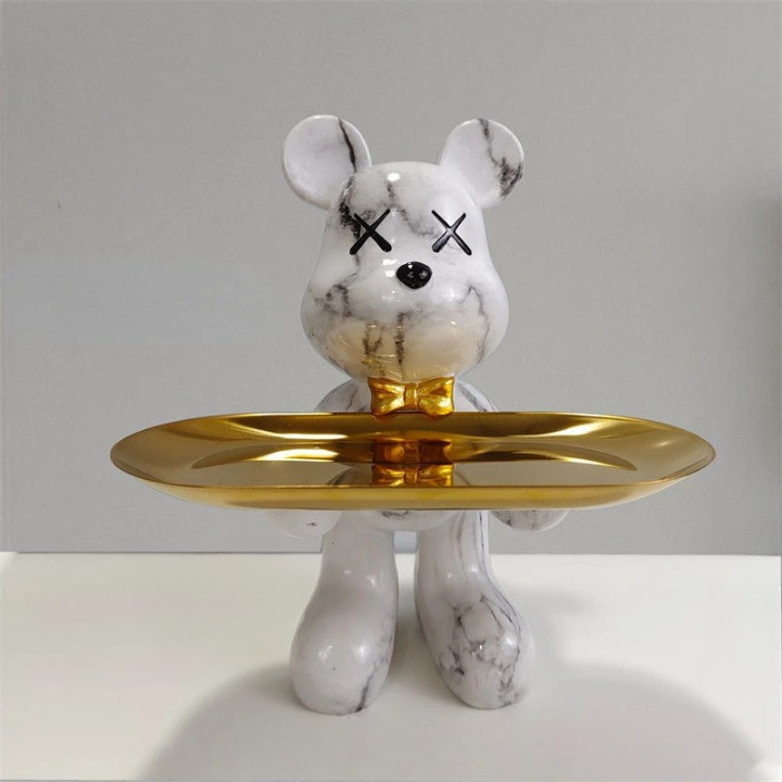 Bear Figurine with Serving Tray, Modern Decorative Figure for Living Room and Hallway