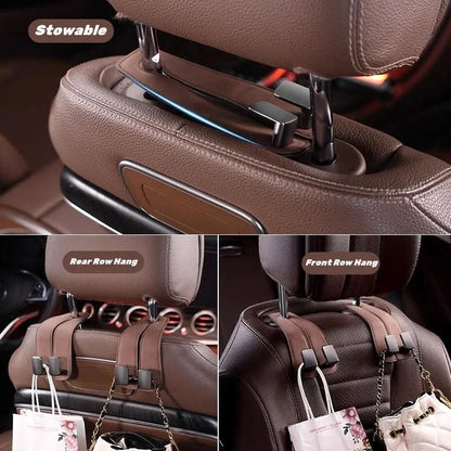 BowLift | Car Seat Back Double Hook with Phone Holder – PU Leather Organizer