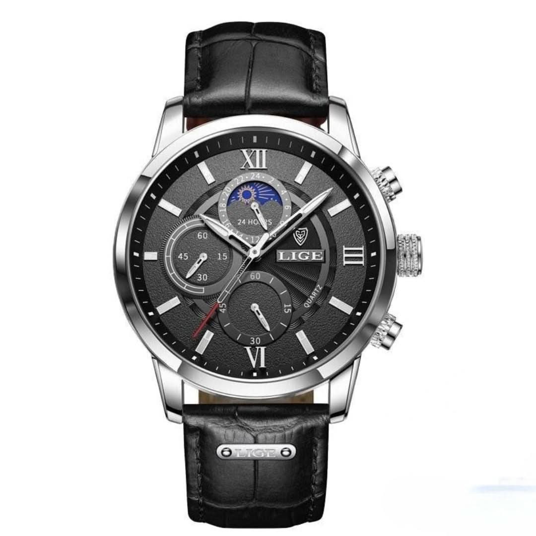 Skanto | Men's Steel Watch with Leather Strap and Date