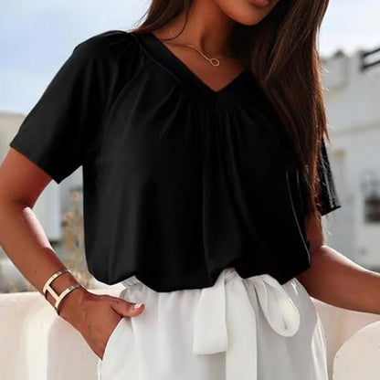Skanto | Women's Casual Pleated V-Neck Short-Sleeve Top