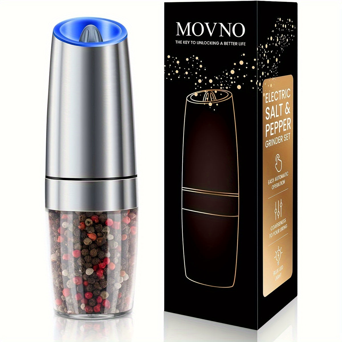 Skanto | Gravity Electric Salt and Pepper Grinder Set: Battery Operated with LED Light, One-Handed Automatic Operation, Adjustable Coarseness, Black - Kitchen Gadget Gift Idea