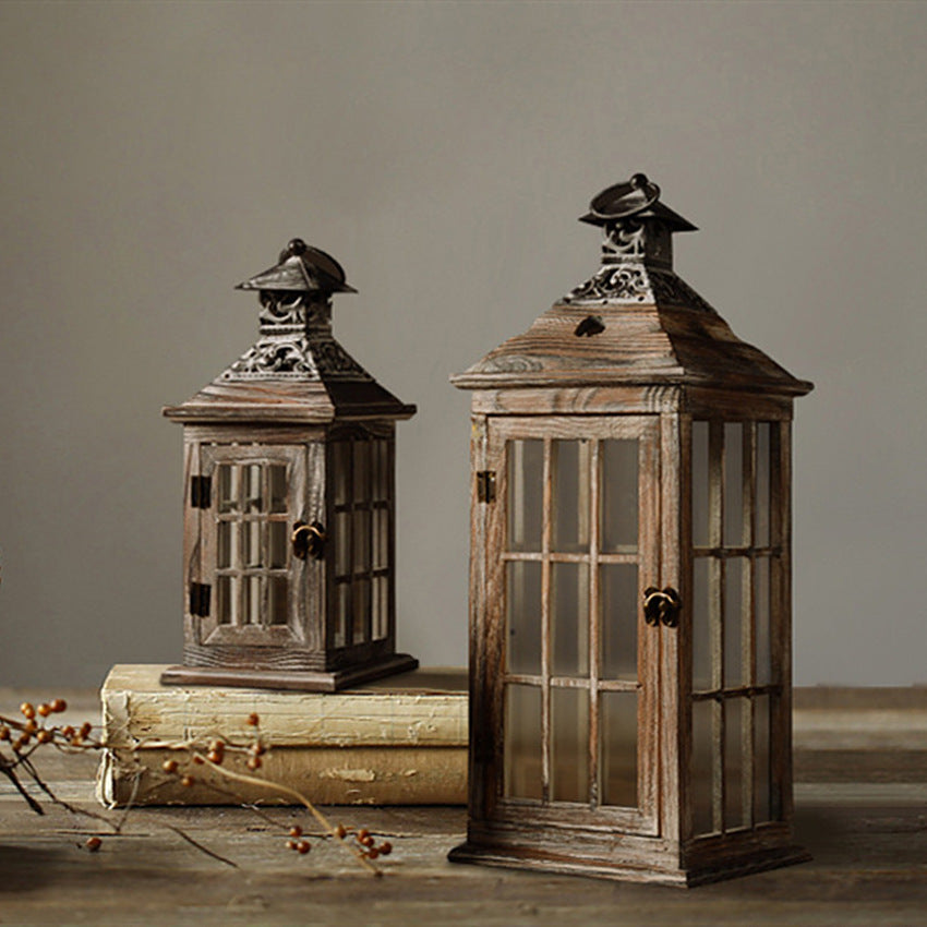 Rustic Distressed Wood Windowpane Glass Candle Lantern Set with Ornate Metal Roof Acalora