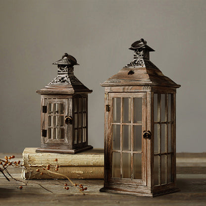 Rustic Distressed Wood Windowpane Glass Candle Lantern Set with Ornate Metal Roof Acalora