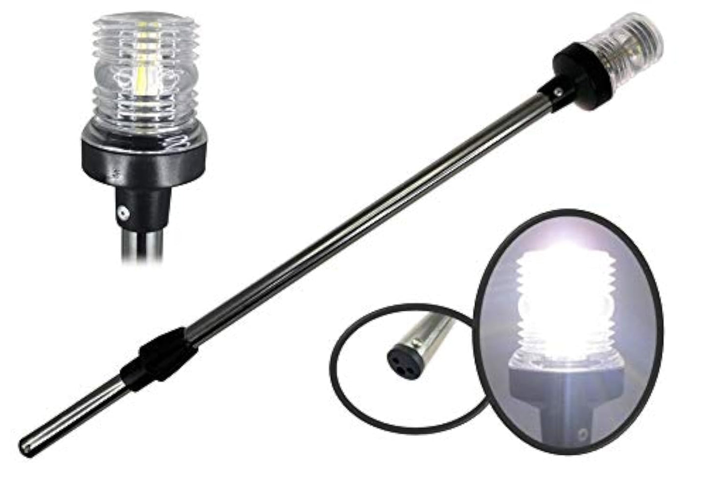 Skanto | Pactrade Marine 12V Marine Boat Yacht Pontoon Navigation Anchor Light 360 Degree All Round Natural White LED Splashproof Black Housing USCG Certified Approved (Plug-In Base (H=25"))