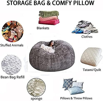 Skanto | Giant 5ft Fluffy Faux Fur Bean Bag Cover – Ultra-Soft Lounge Sofa (Cover Only)