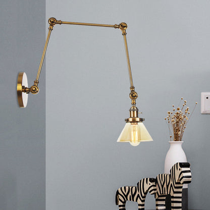 BowLift | 1 Light Wall Lamp Industrial Cone Clear/Amber Glass Wall Lamp in Black/Bronze/Brass with Adjustable Arm, 8“+8"/8"+8"+8" Long