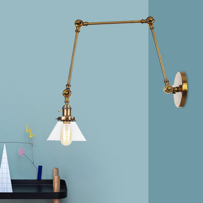 BowLift | 1 Light Wall Lamp Industrial Cone Clear/Amber Glass Wall Lamp in Black/Bronze/Brass with Adjustable Arm, 8“+8"/8"+8"+8" Long