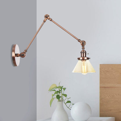 BowLift | 1 Light Wall Lamp Industrial Cone Clear/Amber Glass Wall Lamp in Black/Bronze/Brass with Adjustable Arm, 8“+8"/8"+8"+8" Long