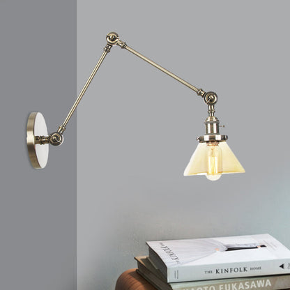 BowLift | 1 Light Wall Lamp Industrial Cone Clear/Amber Glass Wall Lamp in Black/Bronze/Brass with Adjustable Arm, 8“+8"/8"+8"+8" Long