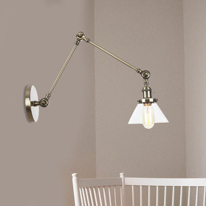 BowLift | 1 Light Wall Lamp Industrial Cone Clear/Amber Glass Wall Lamp in Black/Bronze/Brass with Adjustable Arm, 8“+8"/8"+8"+8" Long