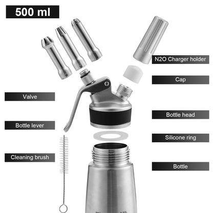 Cream dispenser stainless steel with 3 nozzles 500ml | Karnz
