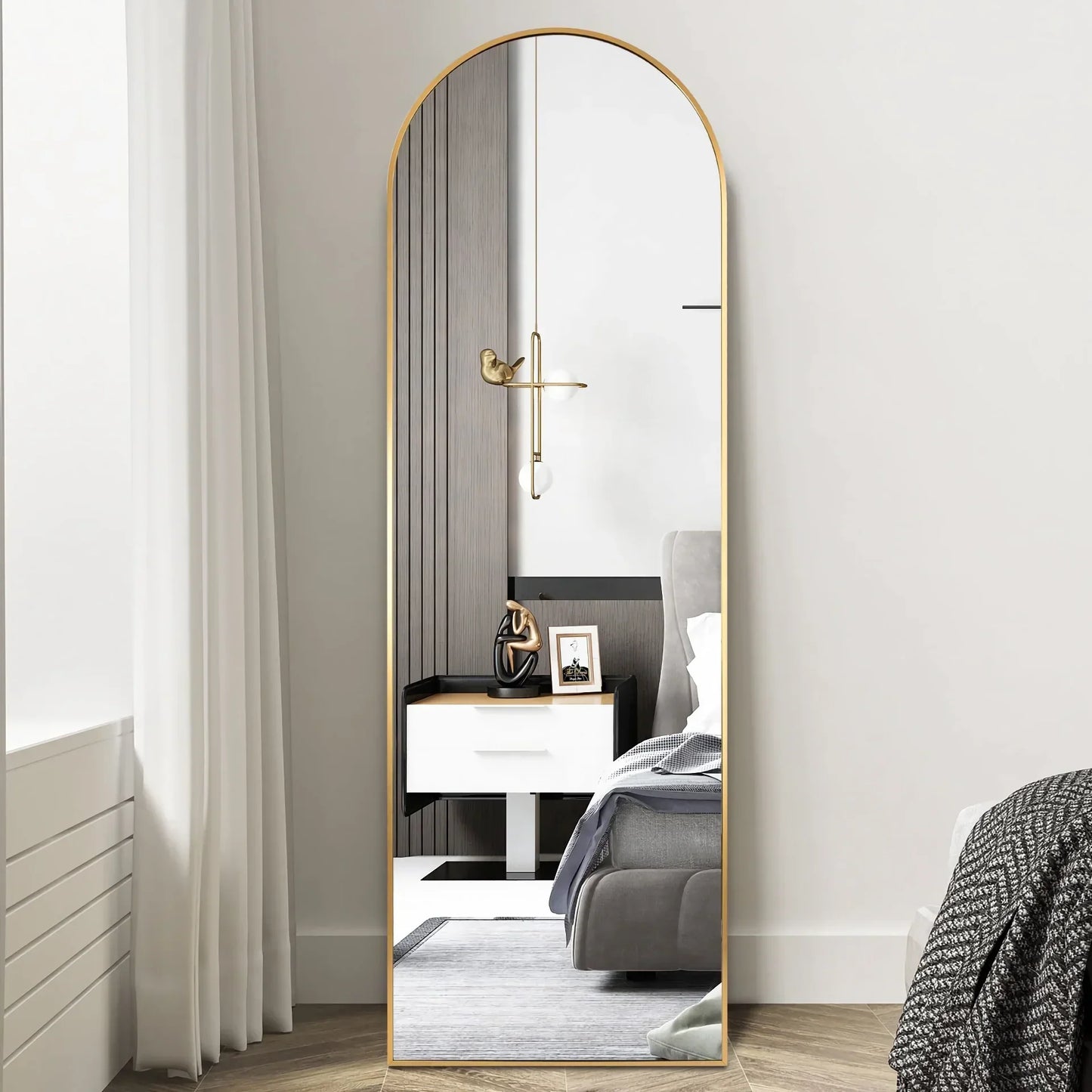 Skanto | 18" x 58" Arched Full Length Mirror with Stand – Elegant Gold Design