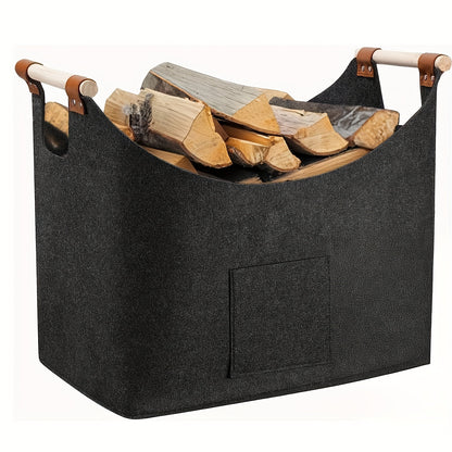 Skanto | Feldura Foldable Felt Firewood Basket 55 liter with Wooden Handles and Leather Details, Dark Grey
