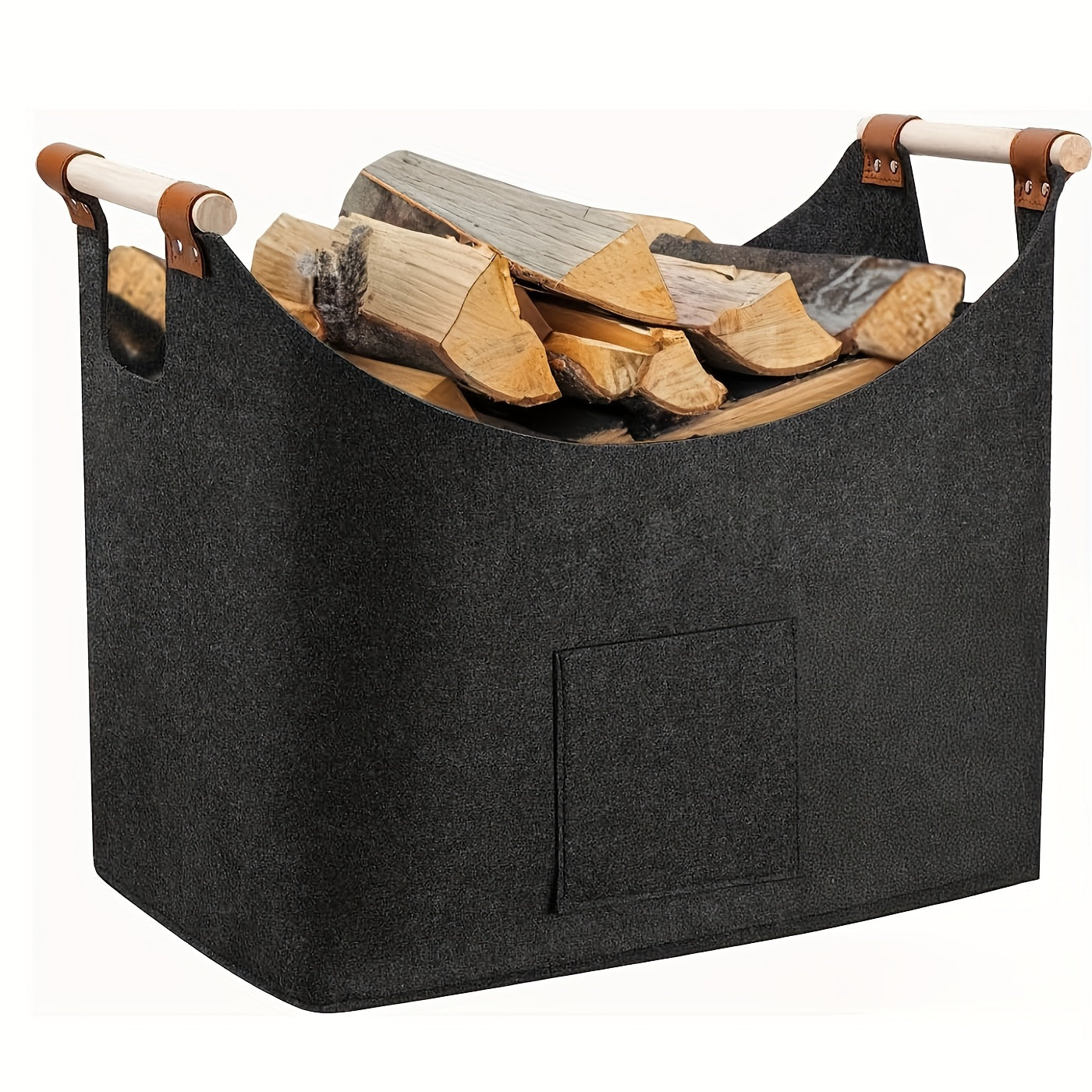 Skanto | Feldura Foldable Felt Firewood Basket 55 liter with Wooden Handles and Leather Details, Dark Grey