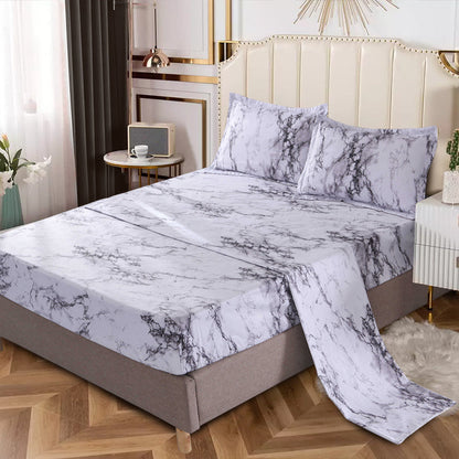 Skanto | 4-Piece Marble Brushed Sheet Set – Soft & Breathable Stone Pattern Bedding (1 Flat Sheet, 1 Fitted Sheet, 2 Pillowcases) for Bedroom & Guest Room