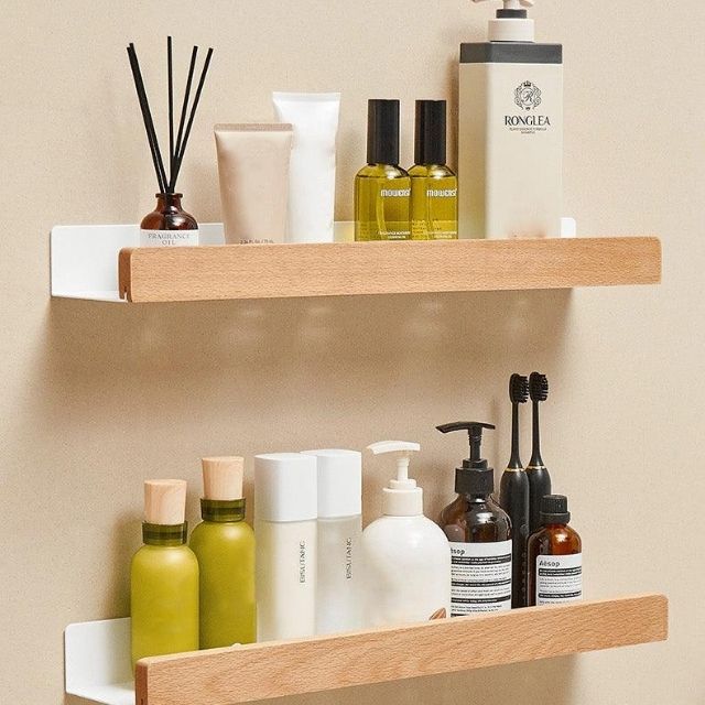 Skanto | Solid Wood Bathroom Shelf – No-Drill Wall-Mounted Bathroom Organizer